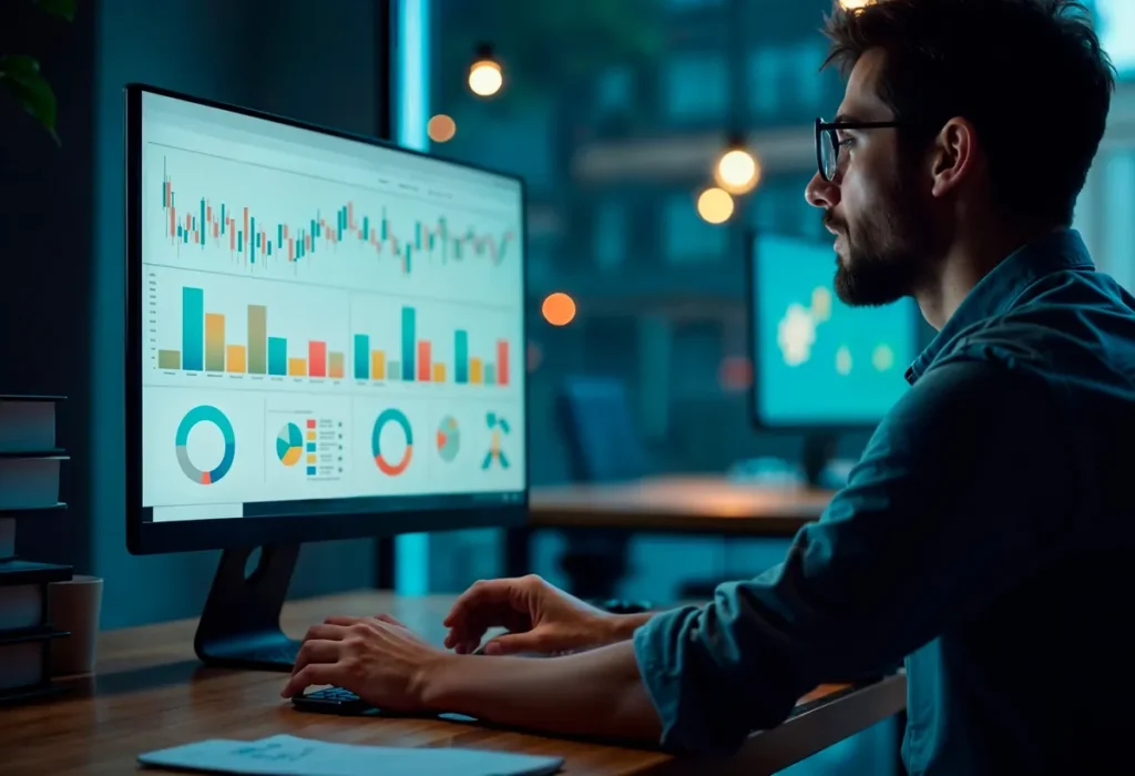 Homem analisando gráficos de desempenho em monitor durante o trabalho noturno em escritório moderno.
