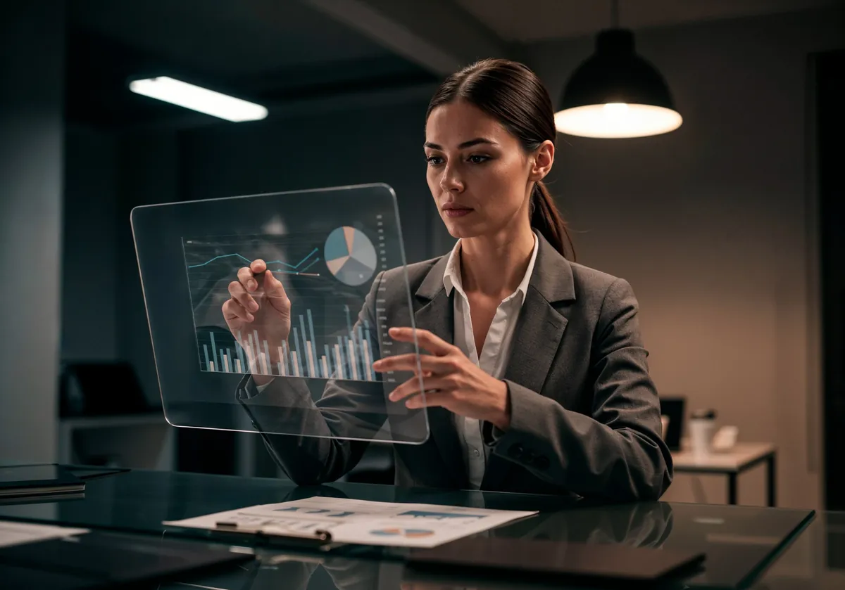 Profissional de RH analisando dashboard com gráficos em tela digital